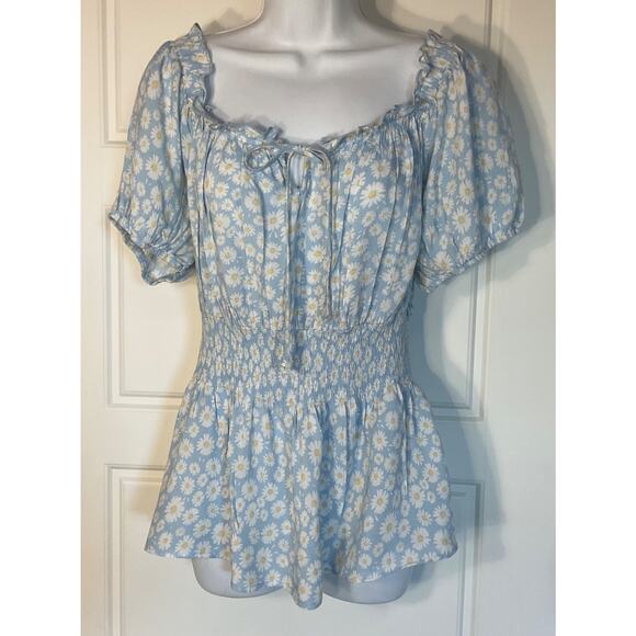 No Boundaries Tops - No Boundries Blue Daisy On/Off Shoulder Ruched Waist Short Sleeve Top Plus 2XL